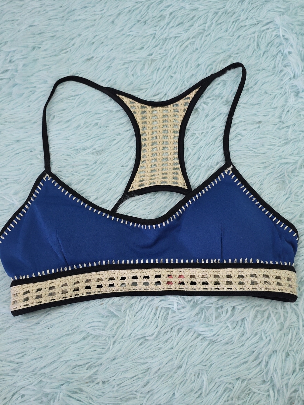Victoria's Secret Blue Ivory Crochet Racerback Swim Bralette Bikini Top only M